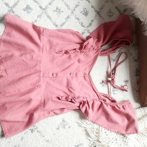 Tie Back Peplum Ruffle Sleeve Pink Top